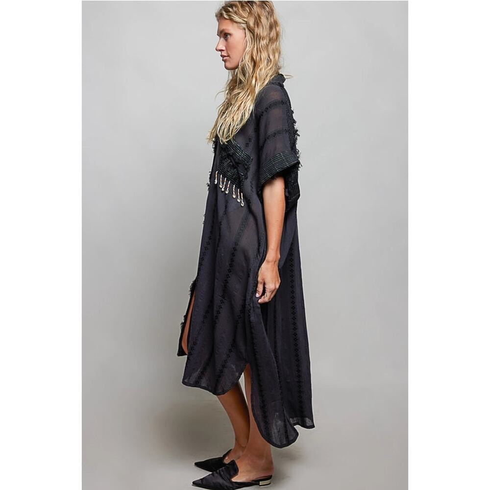 POL Dangle Trim Textured Cotton Oversized Long Shirt Dress - Black - Picture 4 of 6
